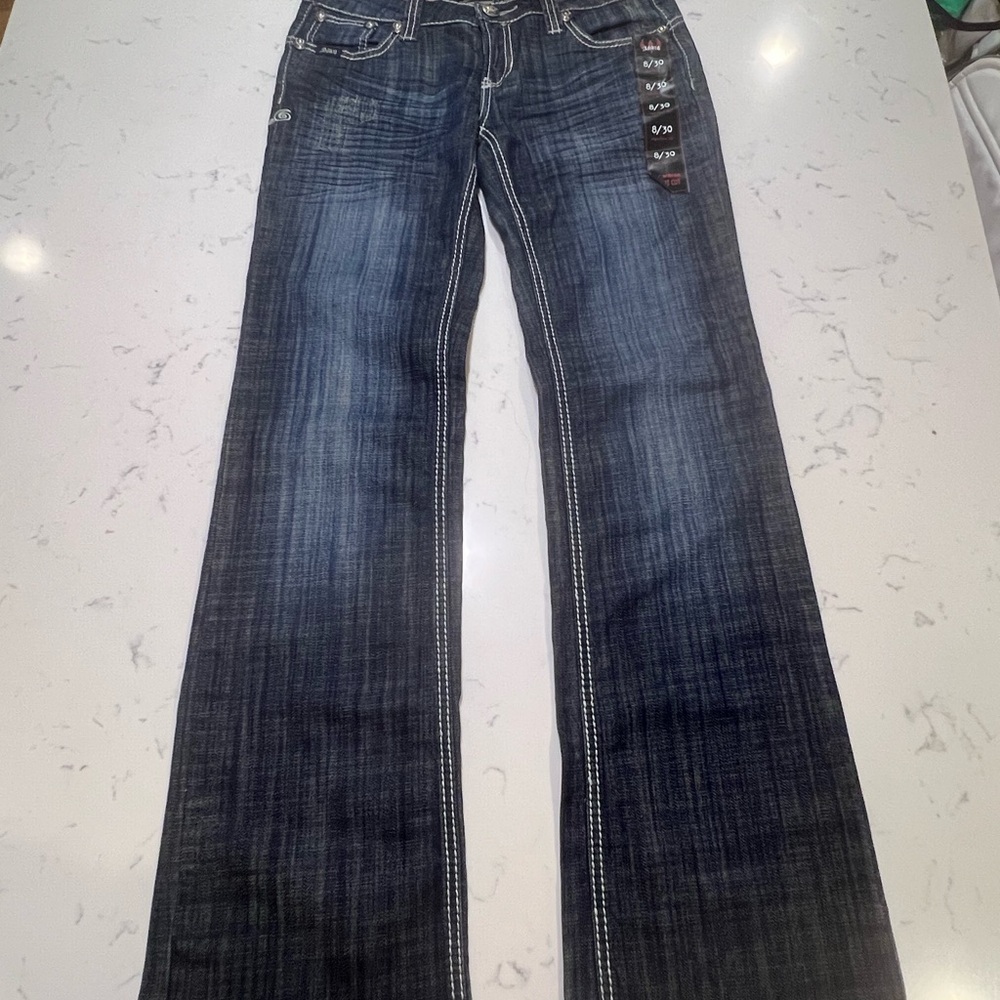 Women’s Adiktd bootcut jeans, wing embroidery pockets, size 8/W30